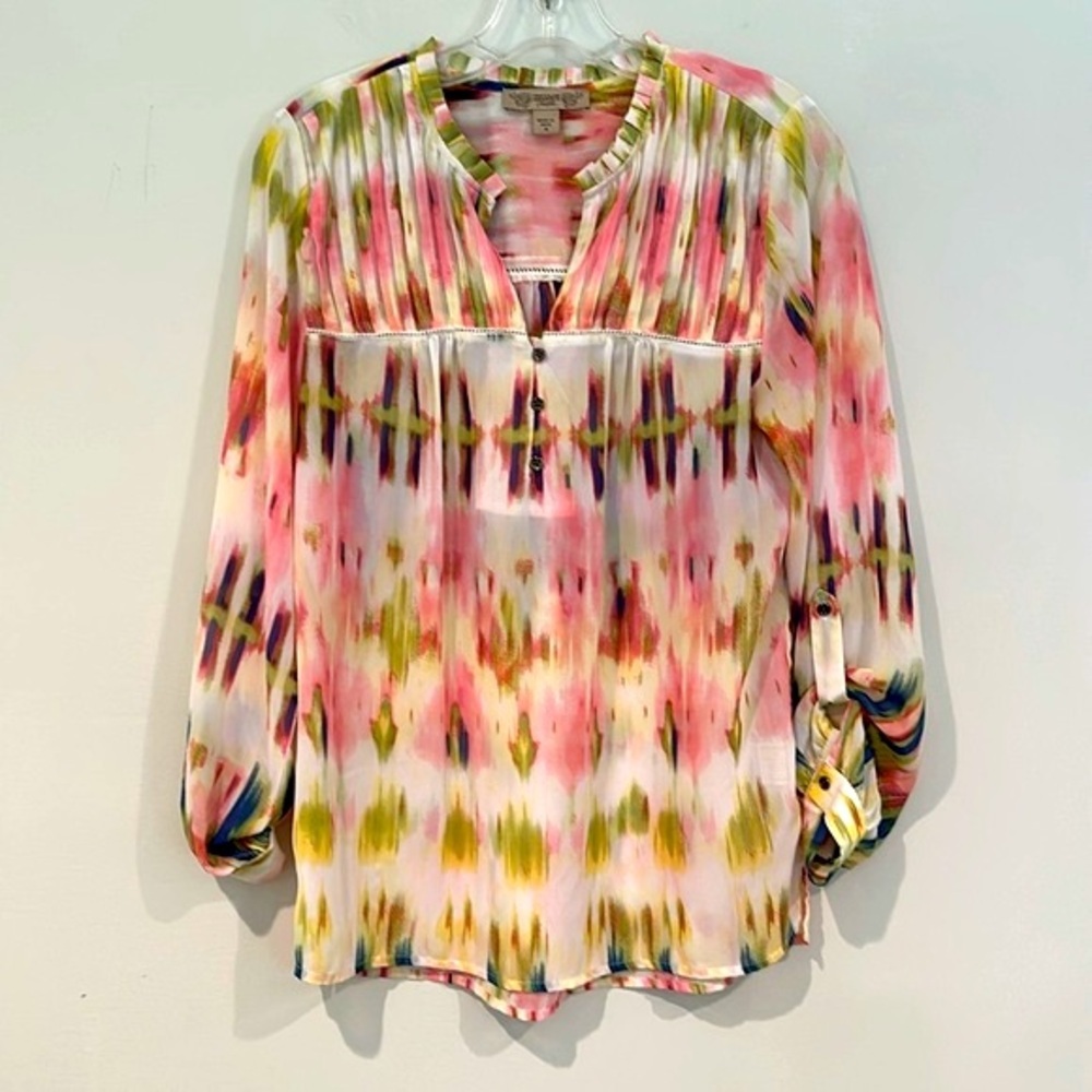 Vintage America Blues Boho Blouse Women's‎ Small Multicolor Roll Tab Pleated